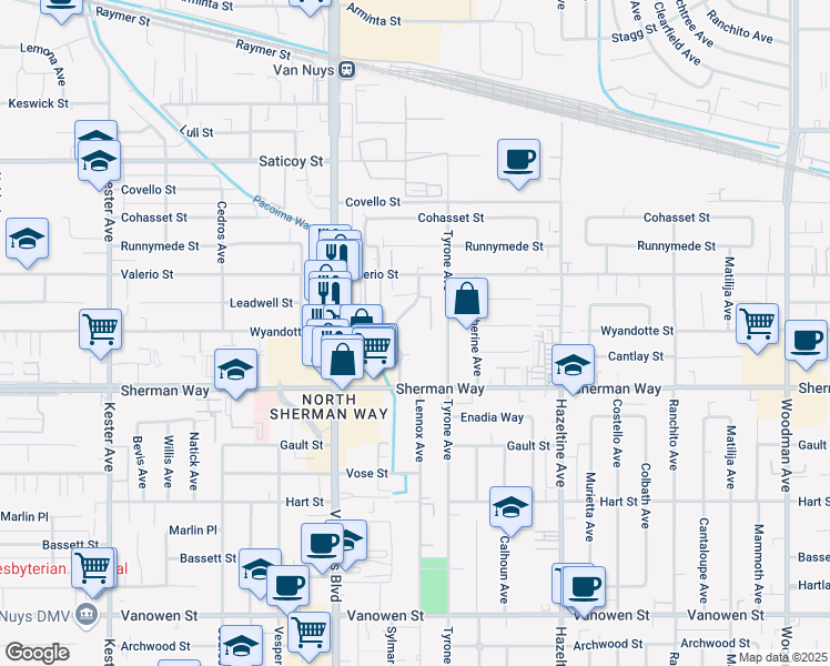 map of restaurants, bars, coffee shops, grocery stores, and more near 7300 Lennox Avenue in Los Angeles
