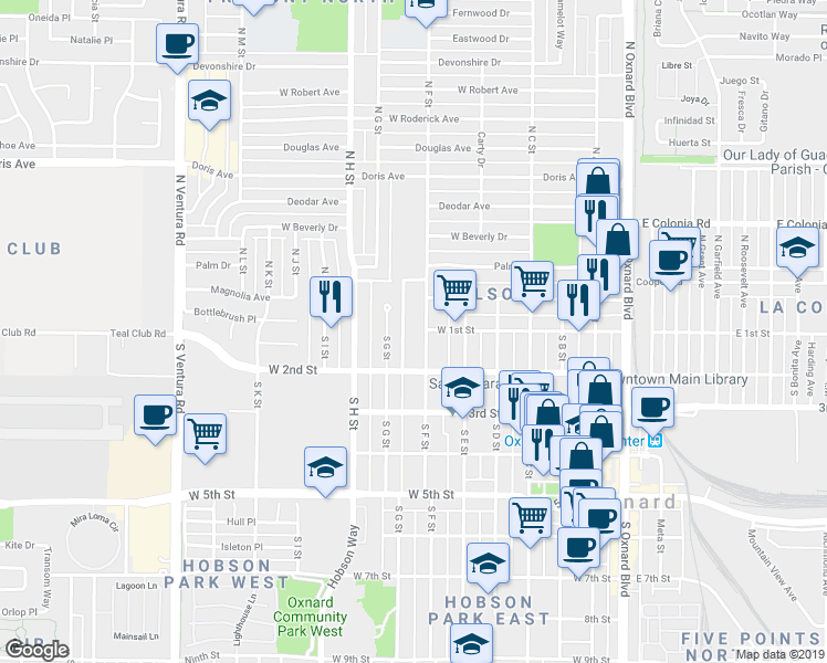 map of restaurants, bars, coffee shops, grocery stores, and more near 103 North F Street in Oxnard