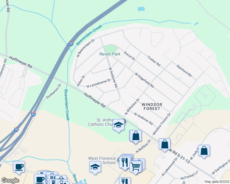map of restaurants, bars, coffee shops, grocery stores, and more near 2612 West Andover Road in Florence