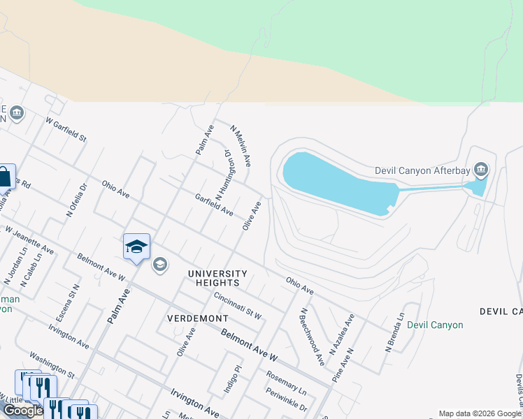 map of restaurants, bars, coffee shops, grocery stores, and more near 6976 Olive Avenue in San Bernardino