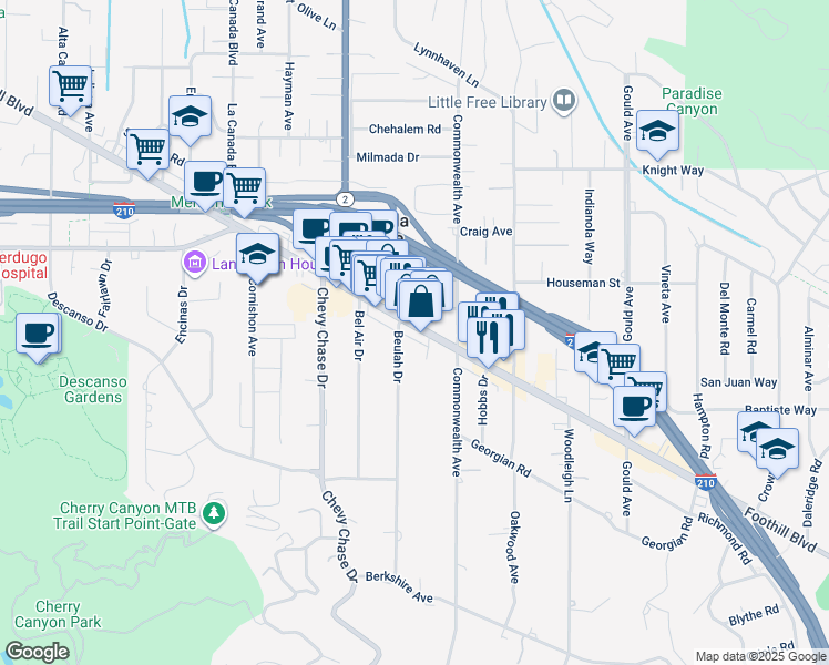 map of restaurants, bars, coffee shops, grocery stores, and more near 842 Foothill Boulevard in La Cañada Flintridge