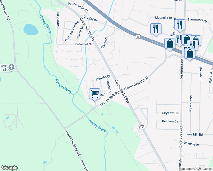 map of restaurants, bars, coffee shops, grocery stores, and more near 12 David St in Cartersville
