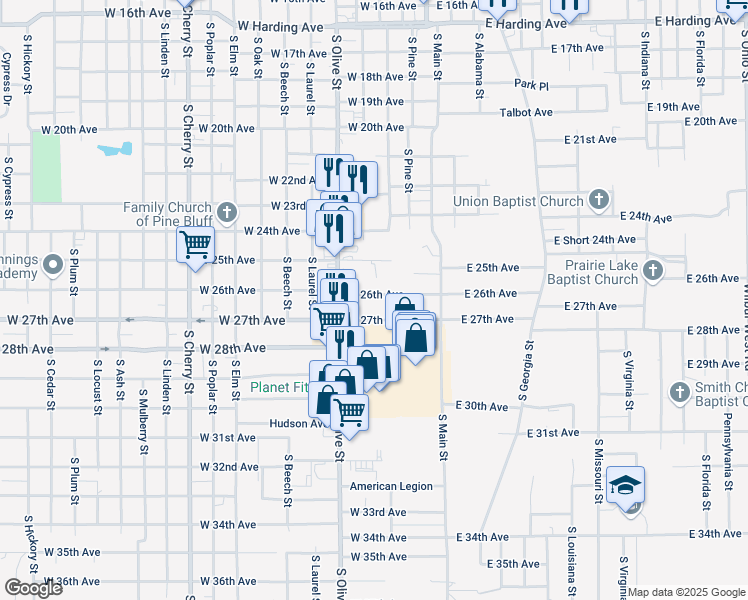map of restaurants, bars, coffee shops, grocery stores, and more near 306 West 26th Avenue in Pine Bluff