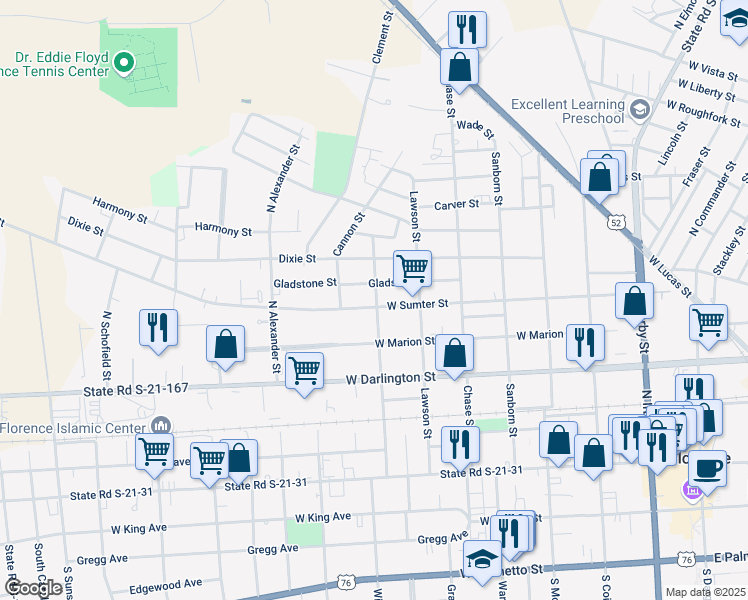 map of restaurants, bars, coffee shops, grocery stores, and more near 805 West Sumter Street in Florence