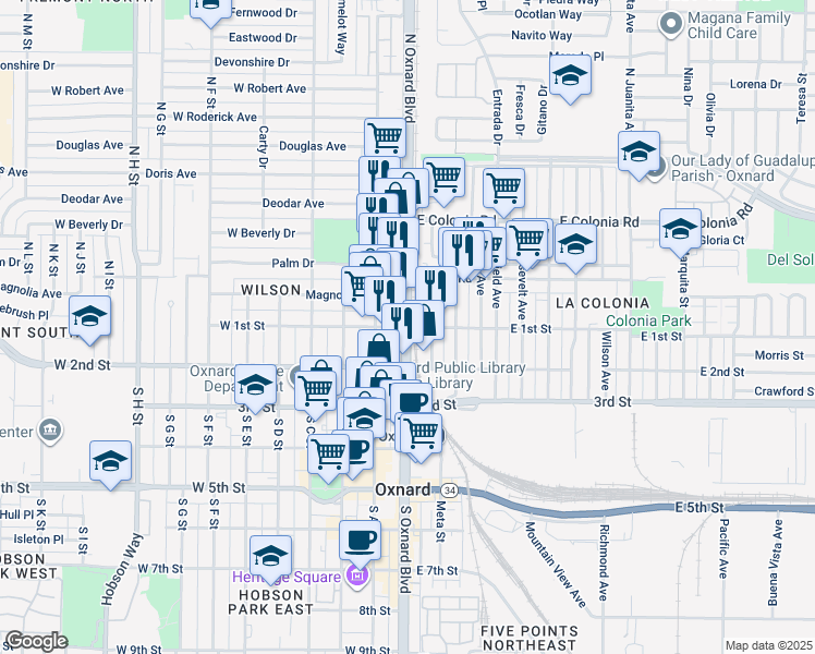 map of restaurants, bars, coffee shops, grocery stores, and more near 2 North Oxnard Boulevard in Oxnard