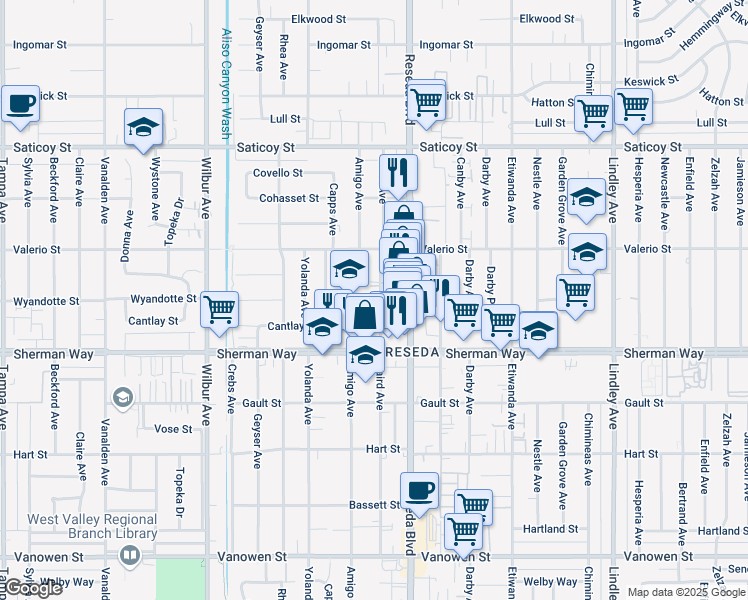 map of restaurants, bars, coffee shops, grocery stores, and more near 18540 Wyandotte Street in Los Angeles