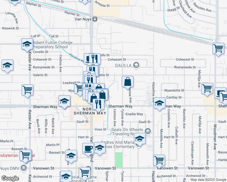 map of restaurants, bars, coffee shops, grocery stores, and more near 7300 Lennox Avenue in Los Angeles