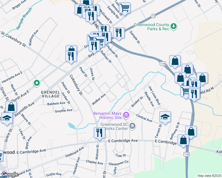 map of restaurants, bars, coffee shops, grocery stores, and more near 214 Walker Avenue in Greenwood