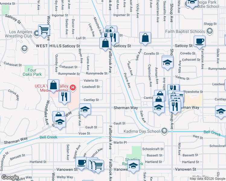 map of restaurants, bars, coffee shops, grocery stores, and more near 7306 Fallbrook Avenue in Los Angeles