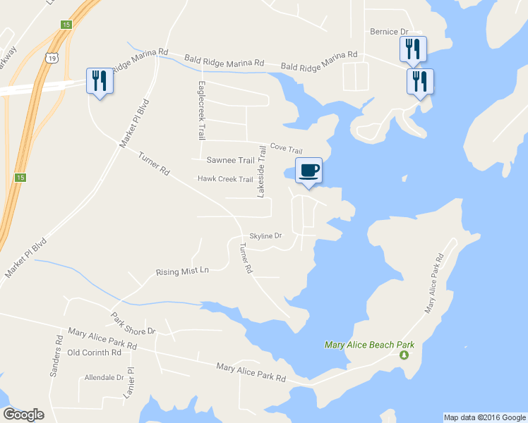 map of restaurants, bars, coffee shops, grocery stores, and more near 2740 Lakeside Trail in Cumming