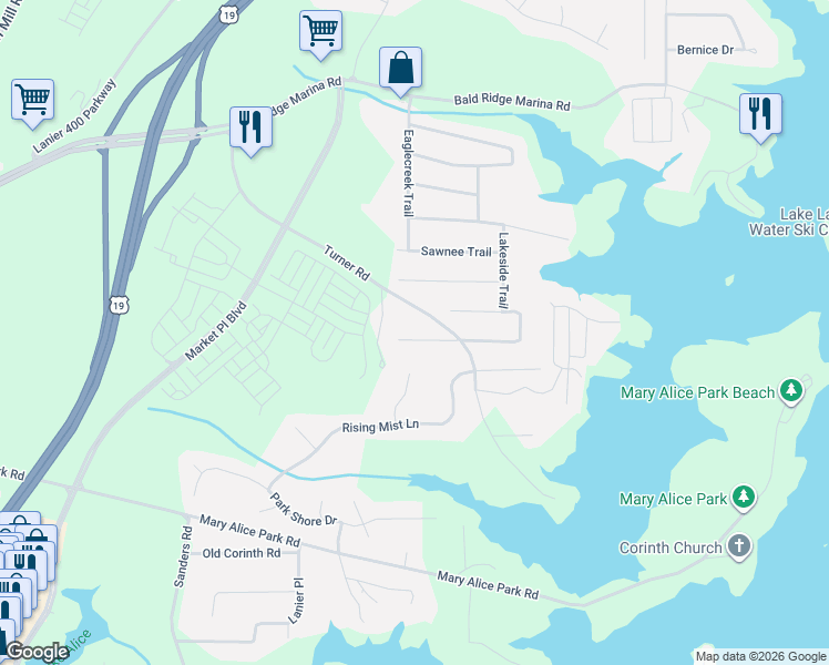 map of restaurants, bars, coffee shops, grocery stores, and more near 2950 Goldmine Road in Cumming
