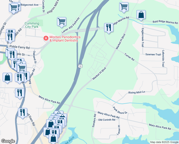 map of restaurants, bars, coffee shops, grocery stores, and more near 1245 Winterhaven Drive in Cumming