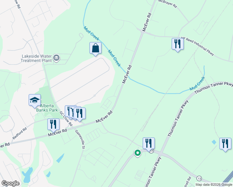 map of restaurants, bars, coffee shops, grocery stores, and more near McEver Road in Flowery Branch