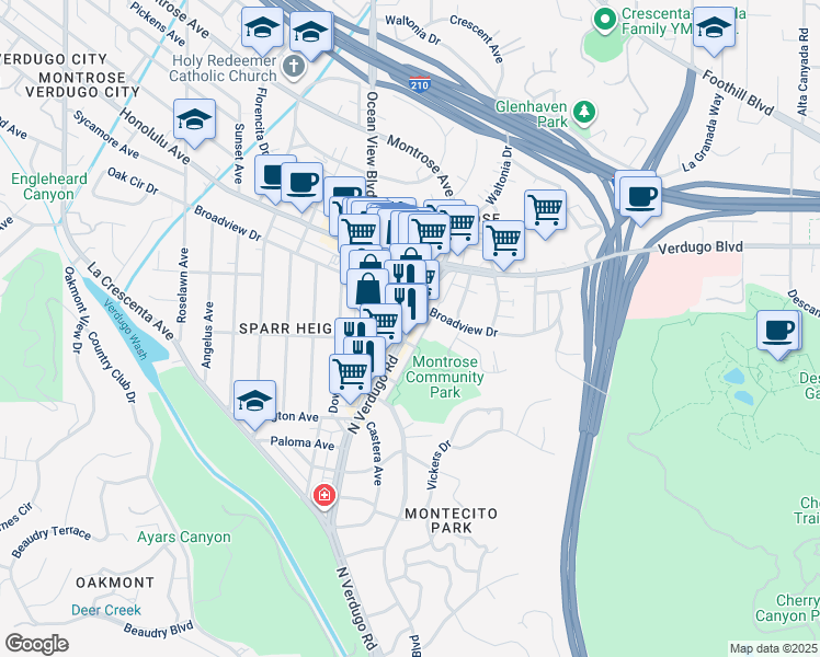 map of restaurants, bars, coffee shops, grocery stores, and more near 3450 North Verdugo Road in Glendale