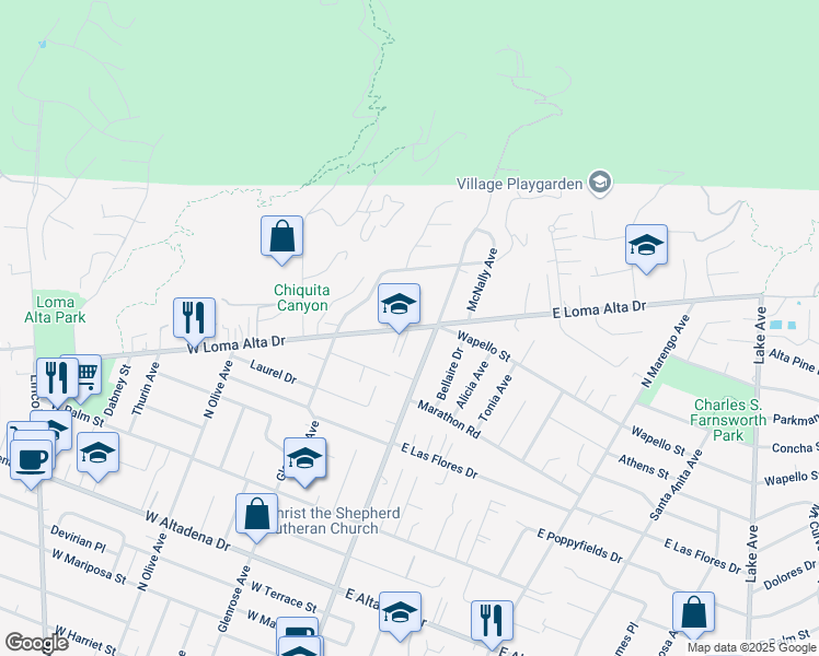 map of restaurants, bars, coffee shops, grocery stores, and more near 57 West Loma Alta Drive in Altadena