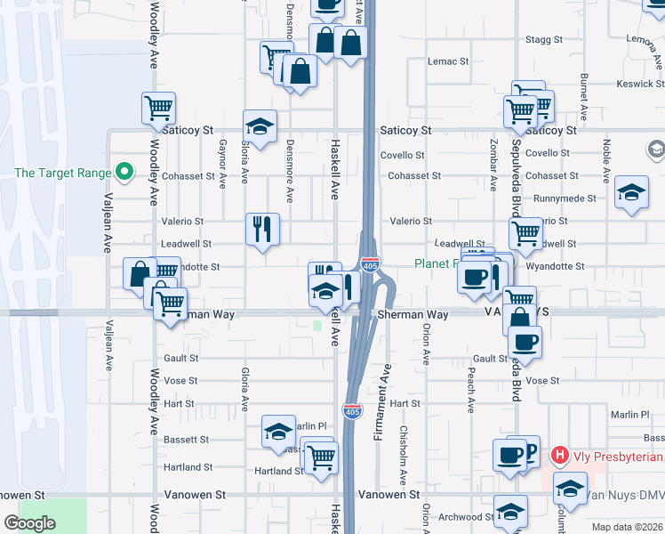 map of restaurants, bars, coffee shops, grocery stores, and more near 7258 Wyandotte Street in Los Angeles