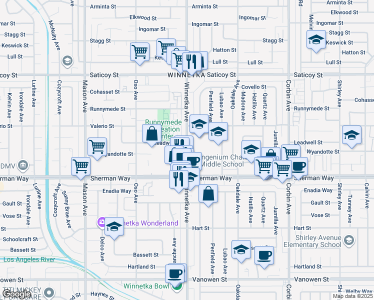 map of restaurants, bars, coffee shops, grocery stores, and more near 7300-7398 Winnetka Avenue in Los Angeles