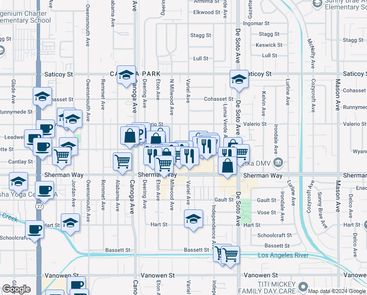 map of restaurants, bars, coffee shops, grocery stores, and more near 7305 Variel Avenue in Los Angeles
