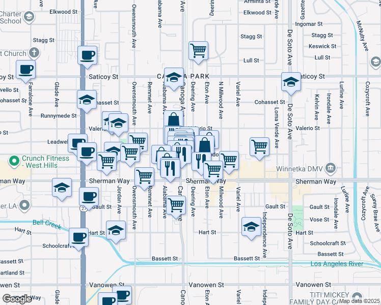 map of restaurants, bars, coffee shops, grocery stores, and more near 7318 Canoga Avenue in Los Angeles