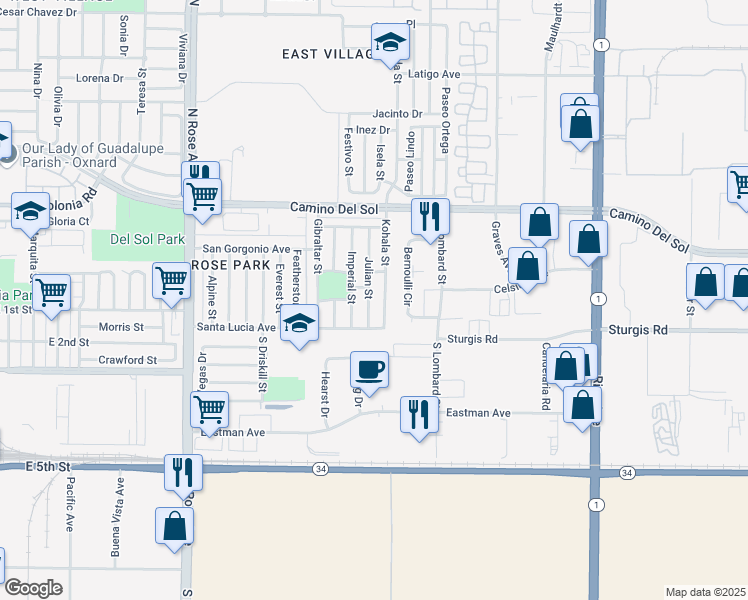 map of restaurants, bars, coffee shops, grocery stores, and more near 140 Imperial Street in Oxnard