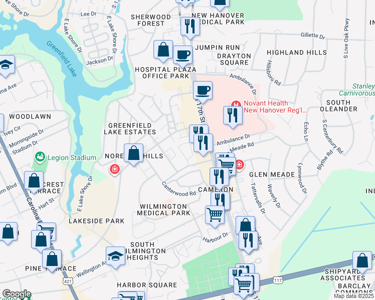 map of restaurants, bars, coffee shops, grocery stores, and more near 1509 Village Drive in Wilmington
