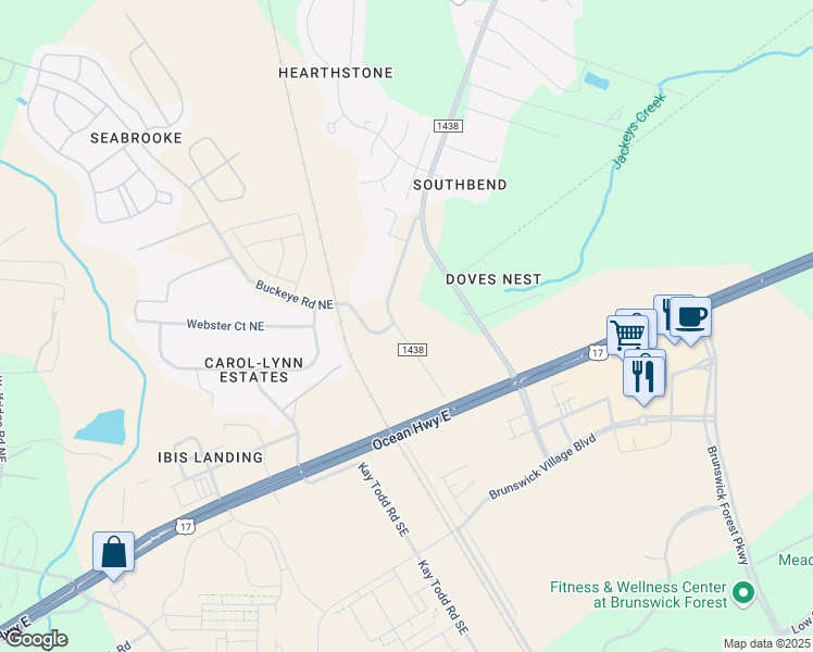 map of restaurants, bars, coffee shops, grocery stores, and more near 74 Old Lanvale Road Northeast in Leland