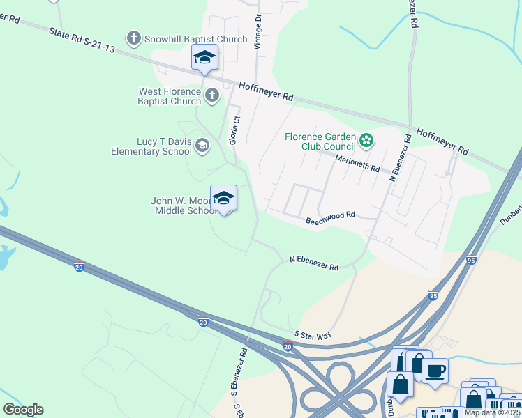 map of restaurants, bars, coffee shops, grocery stores, and more near 317 Bayberry Circle in Florence