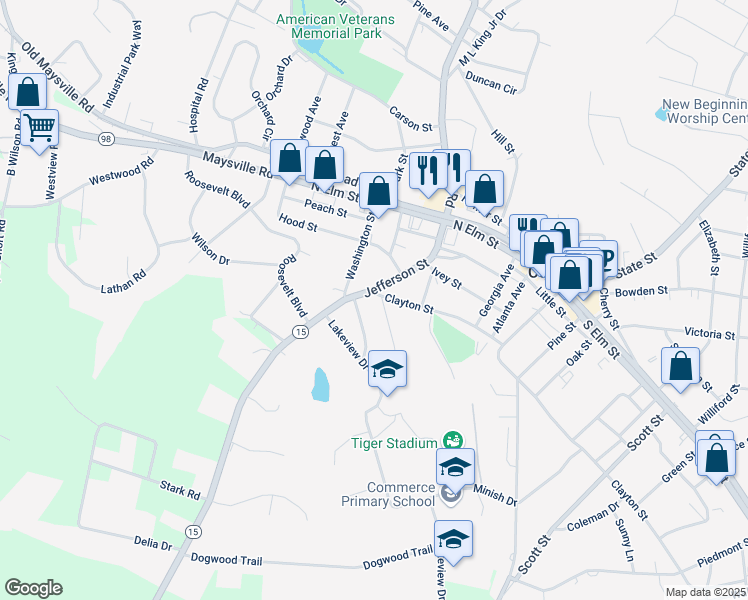 map of restaurants, bars, coffee shops, grocery stores, and more near 8934 Jefferson Street in Commerce