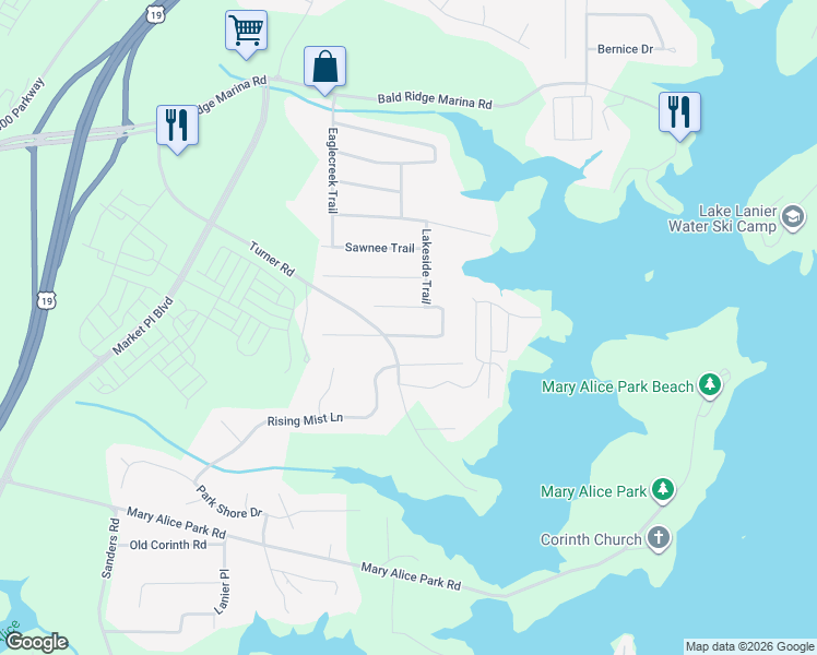 map of restaurants, bars, coffee shops, grocery stores, and more near 2780 Lakeside Trail in Cumming