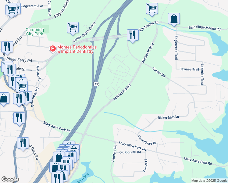 map of restaurants, bars, coffee shops, grocery stores, and more near Market Place Boulevard in Cumming