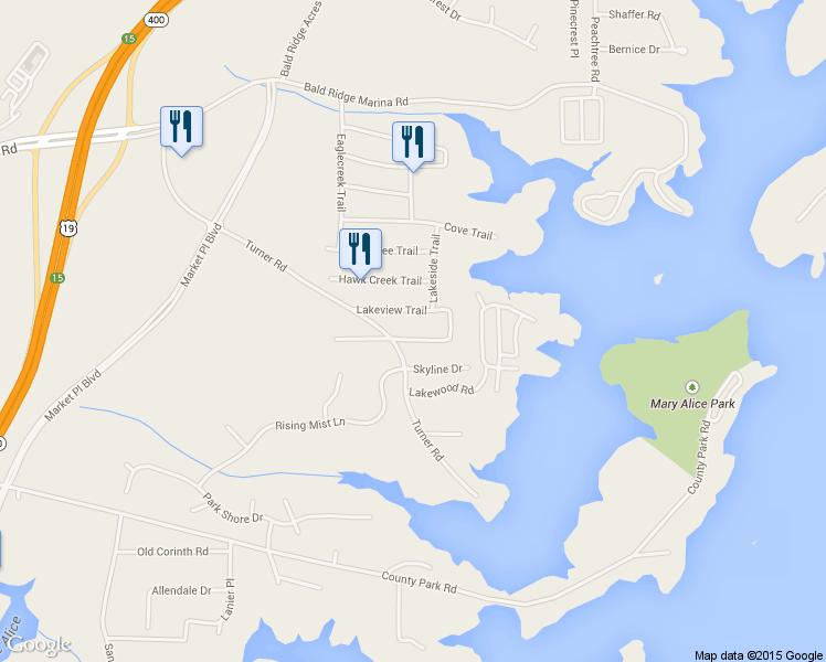 map of restaurants, bars, coffee shops, grocery stores, and more near 2780 Lakeside Trail in Cumming