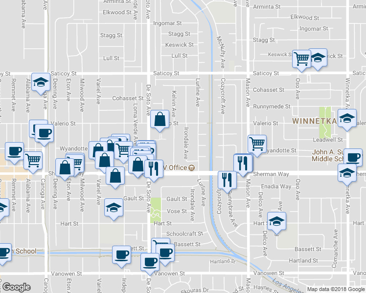 map of restaurants, bars, coffee shops, grocery stores, and more near 7301 Irondale Avenue in Los Angeles
