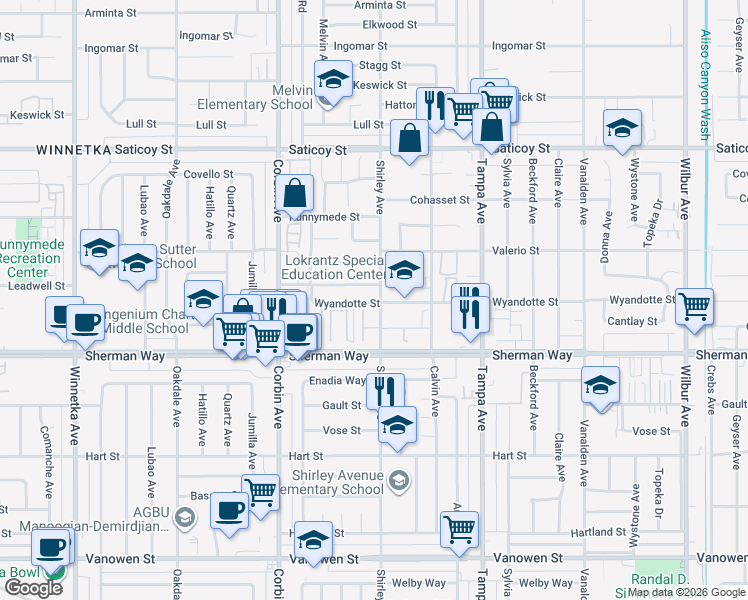 map of restaurants, bars, coffee shops, grocery stores, and more near 7301 Shirley Avenue in Los Angeles