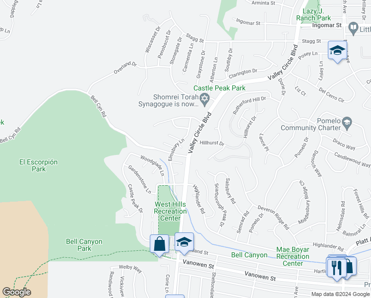 map of restaurants, bars, coffee shops, grocery stores, and more near 24419 Plumtree Court in Los Angeles