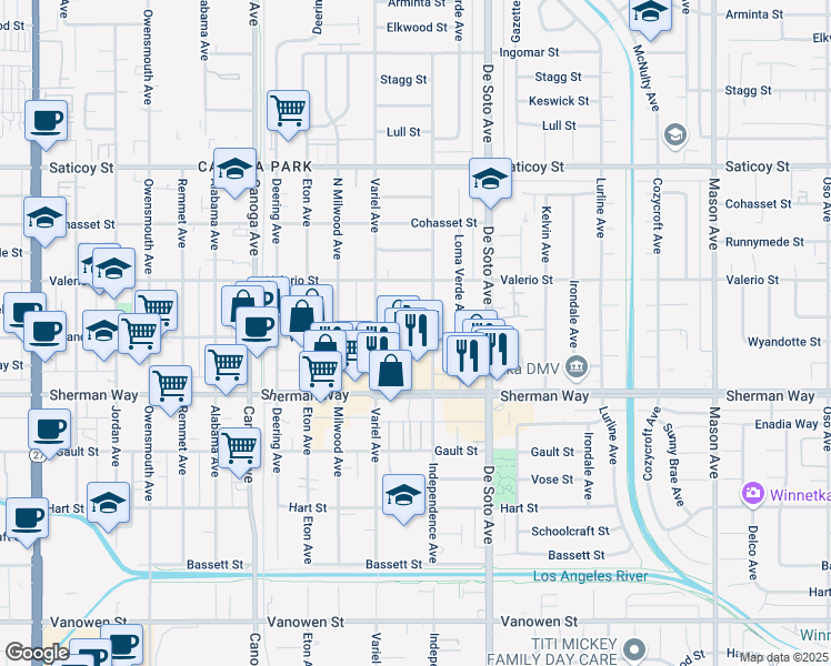 map of restaurants, bars, coffee shops, grocery stores, and more near 7255 Independence Avenue in Los Angeles