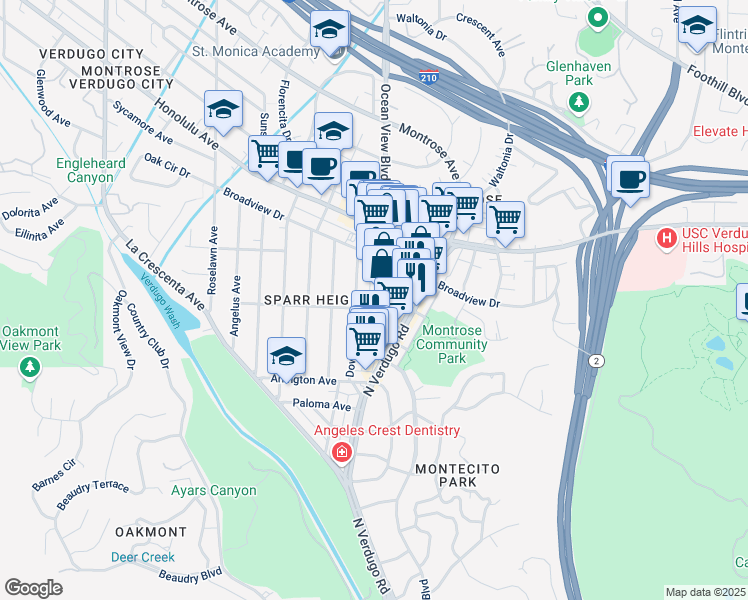 map of restaurants, bars, coffee shops, grocery stores, and more near 3507 Ocean View Boulevard in Glendale