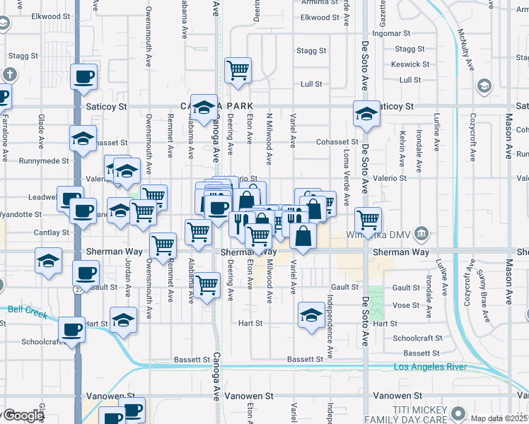 map of restaurants, bars, coffee shops, grocery stores, and more near 7305 Milwood Avenue in Los Angeles