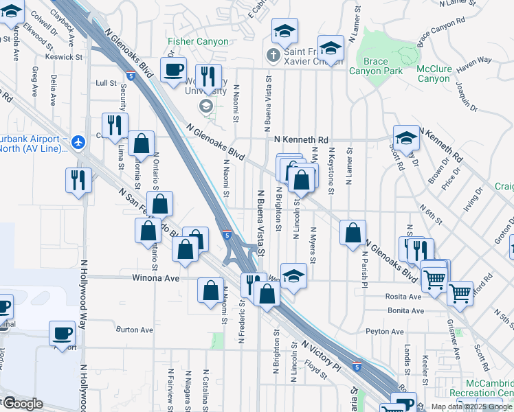 map of restaurants, bars, coffee shops, grocery stores, and more near 2601 North Buena Vista Street in Burbank