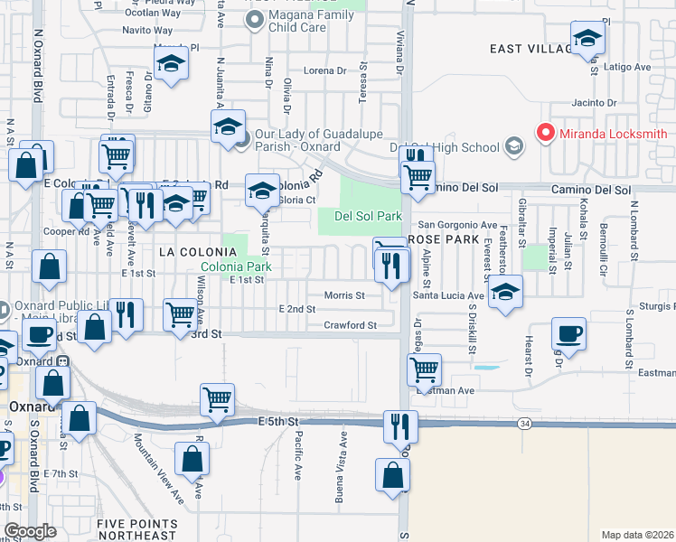 map of restaurants, bars, coffee shops, grocery stores, and more near 160 Carmelita Court in Oxnard