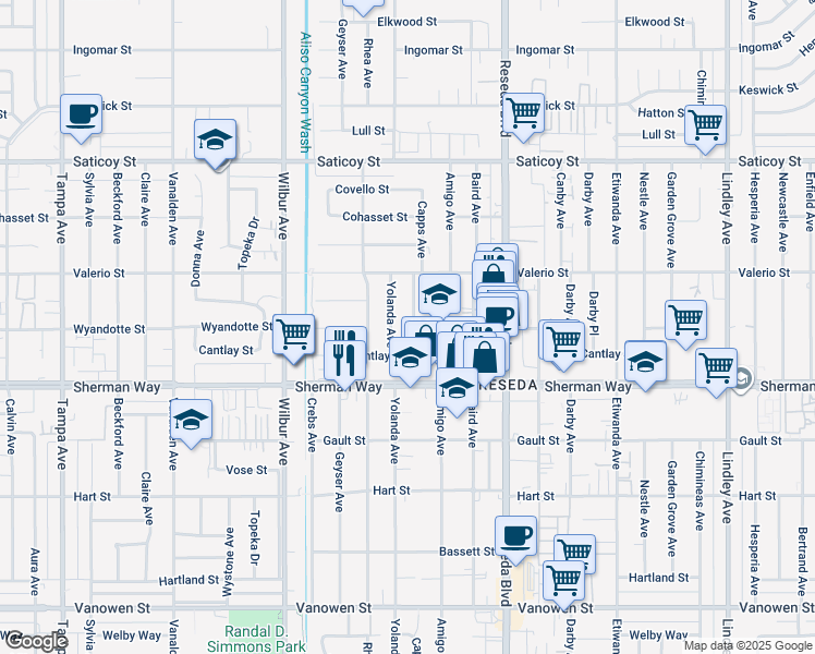 map of restaurants, bars, coffee shops, grocery stores, and more near 7301 Capps Avenue in Los Angeles