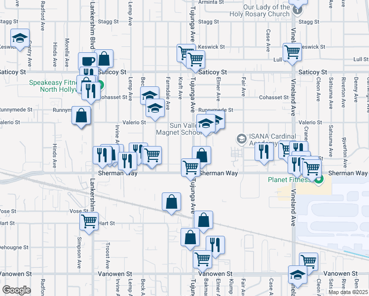 map of restaurants, bars, coffee shops, grocery stores, and more near 7262 Kraft Avenue in Los Angeles