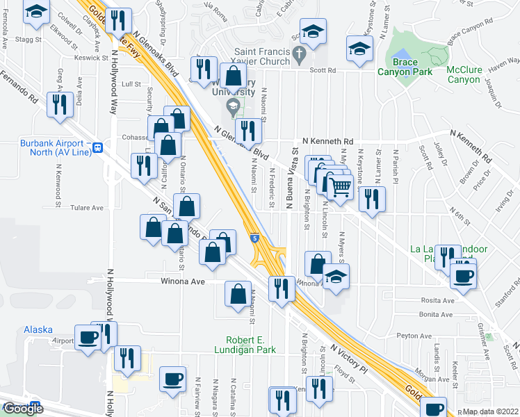 map of restaurants, bars, coffee shops, grocery stores, and more near 2800 North Naomi Street in Burbank