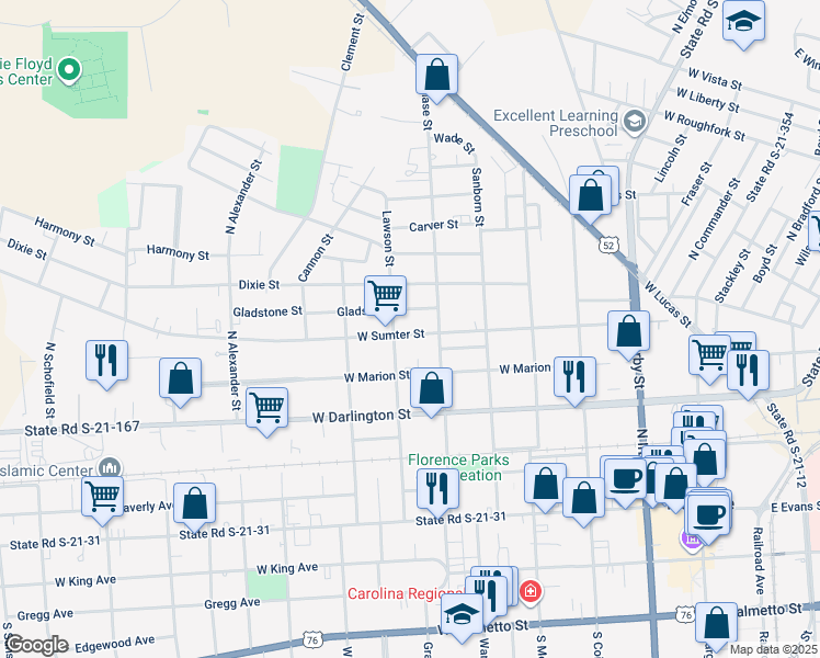 map of restaurants, bars, coffee shops, grocery stores, and more near 613 West Sumter Street in Florence