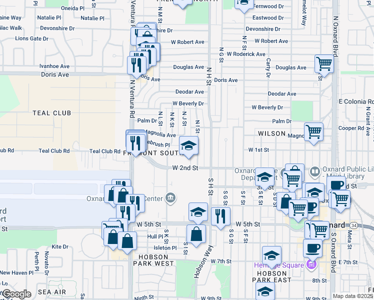 map of restaurants, bars, coffee shops, grocery stores, and more near 1110 West 1st Street in Oxnard