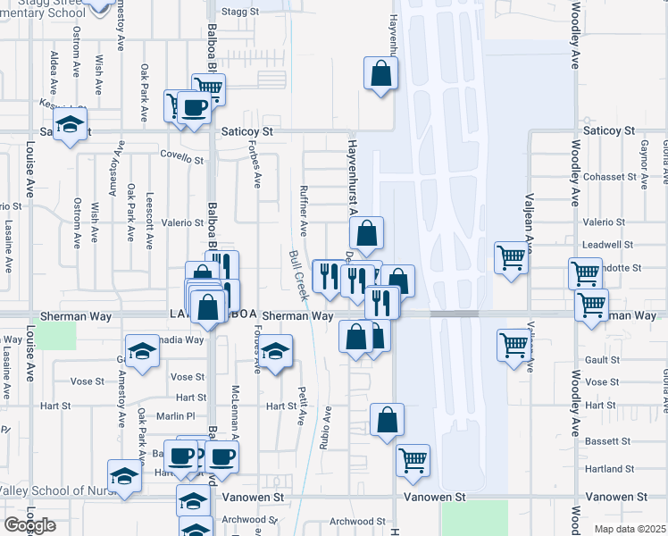 map of restaurants, bars, coffee shops, grocery stores, and more near 7260 Rubio Ave in Los Angeles