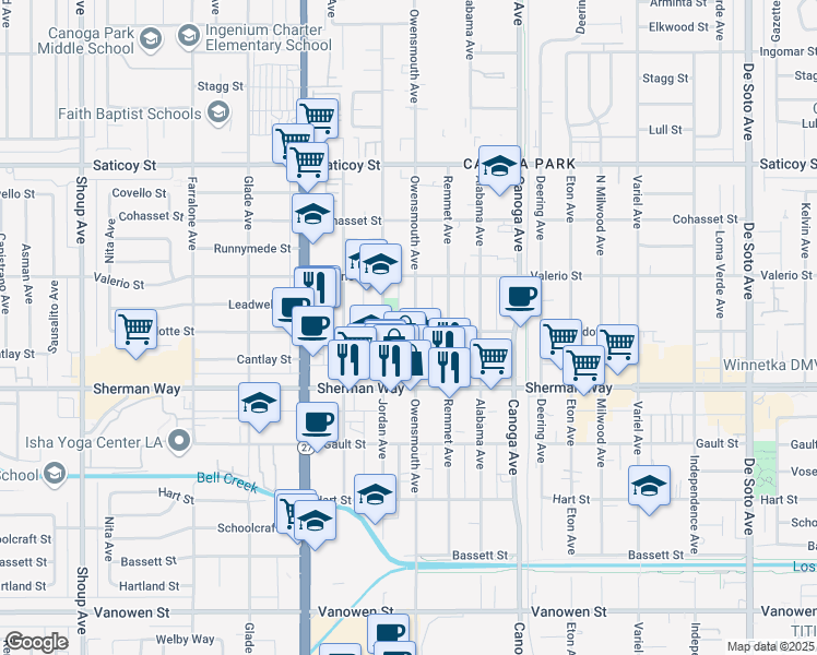 map of restaurants, bars, coffee shops, grocery stores, and more near 7301 Owensmouth Avenue in Los Angeles