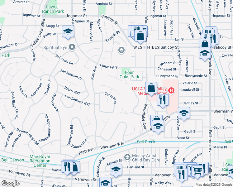 map of restaurants, bars, coffee shops, grocery stores, and more near 23318 Sandalwood Street in Los Angeles
