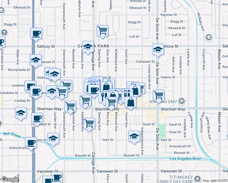 map of restaurants, bars, coffee shops, grocery stores, and more near 7305 Milwood Avenue in Los Angeles