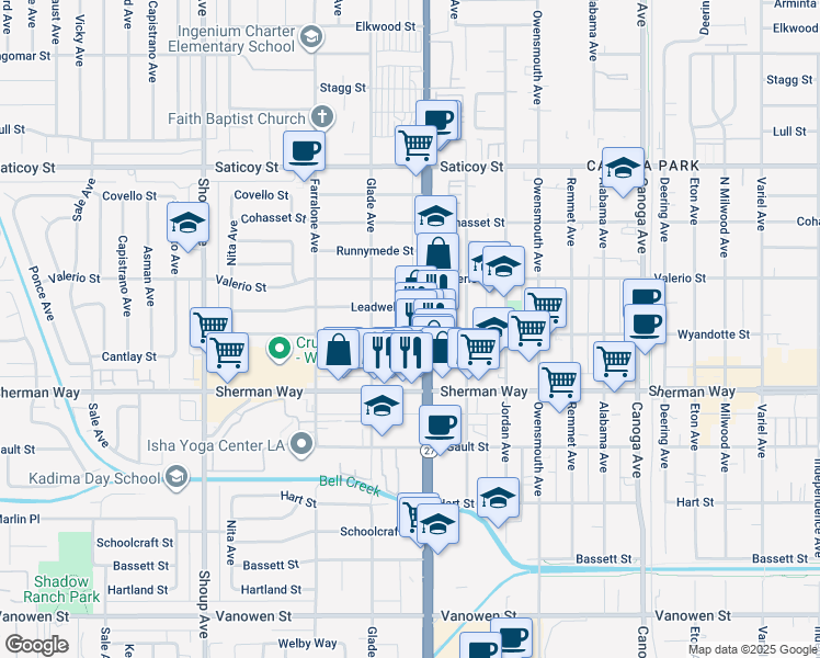 map of restaurants, bars, coffee shops, grocery stores, and more near 22017 Wyandotte Street in Los Angeles