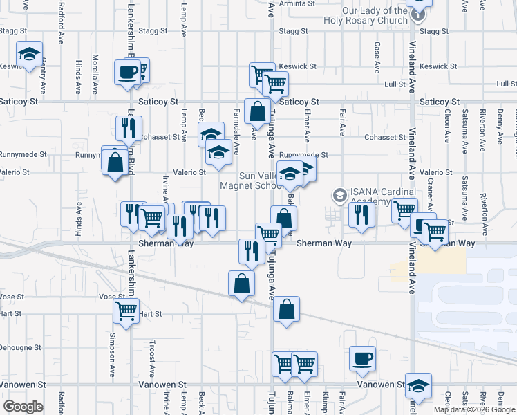 map of restaurants, bars, coffee shops, grocery stores, and more near 7262 Kraft Avenue in Los Angeles
